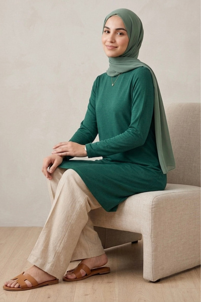 TOFİSA Plain Viscose Long Sleeve Tunic Zumrut - 2109-Zumrut