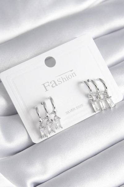 ALKASAZ Brass Silver Color 3-Piece Dangle Zircon Stone Earrings