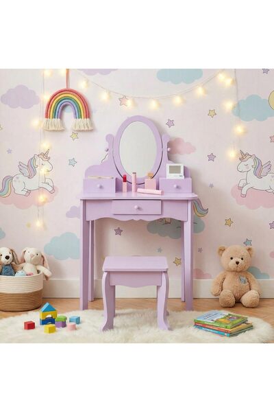 Garvee Makeup set for girls with adjustable mirror, stool and wooden accessor...