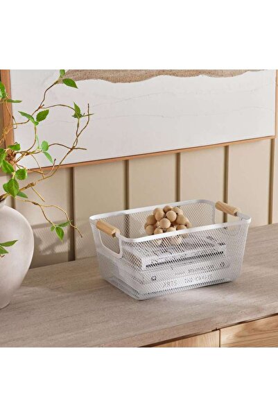 PAN HOME سلة تخزين سلكية من روزي بمقبض خشبي 33.5×22×15 سم - أبيض