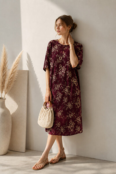 Rich Women's Burgundy Crew Neck Floral Midi Dress
