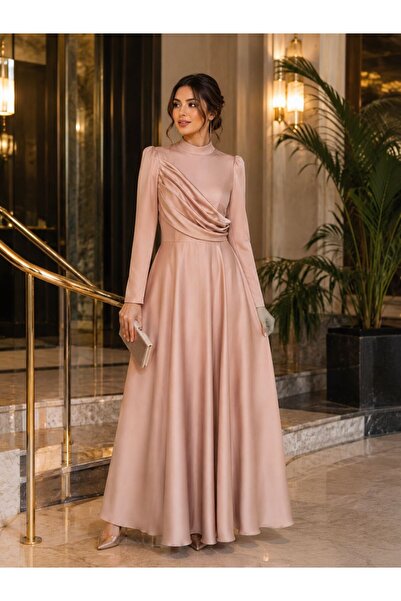 Lacrima Women's Hijab Evening Dress, High Collar, Draped Satin Look Long Dress