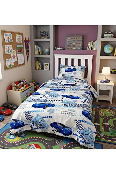 EVRİZON Sports Car Patterned Single Duvet Cover Set with Elastic Sheet