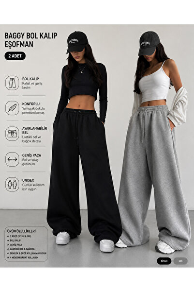 yx yustex sport 2'li Eşofman Kadın (Siyah-Gri) Oversize Yazlık Eşfoman Seti -...