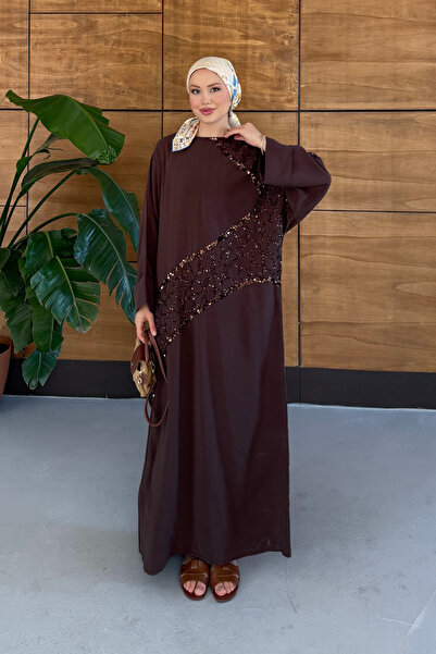 Miss Allos Women's Sequin Embroidered Bat Sleeve Linen Dress