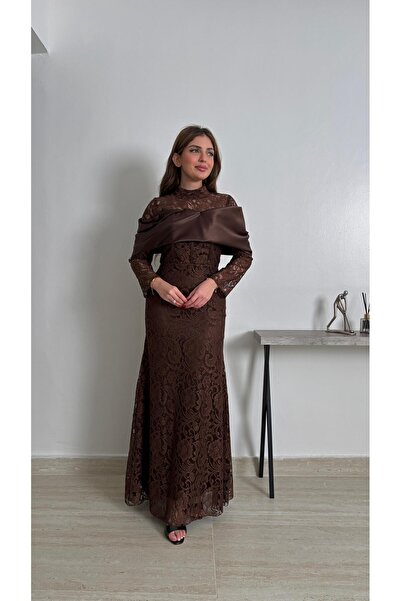 Ayaen Brown Long Lace Dress, Embellished with a Wide and Elegant Satin Trim.