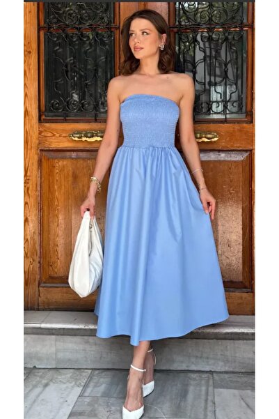 LEYLA SAĞLAM Women's Strapless Midi Length Lined Dress with Side Pockets