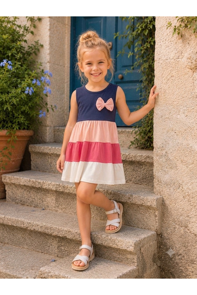 KİDSPİTİRCİK Girls' Dark Blue Bow Detail 100% Cotton Colorful Combed Cotton D...