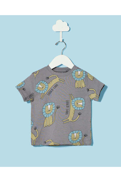REDTAG Infant Boys Grey Lion Print T Shirt