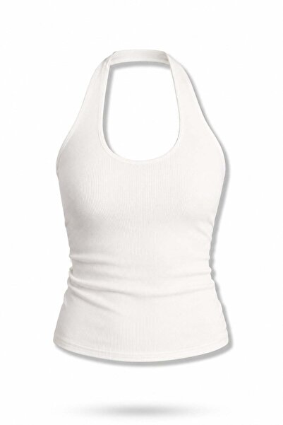 5in1Canpolat Ecru Halter Neck Ribbed Athlete Top 25203