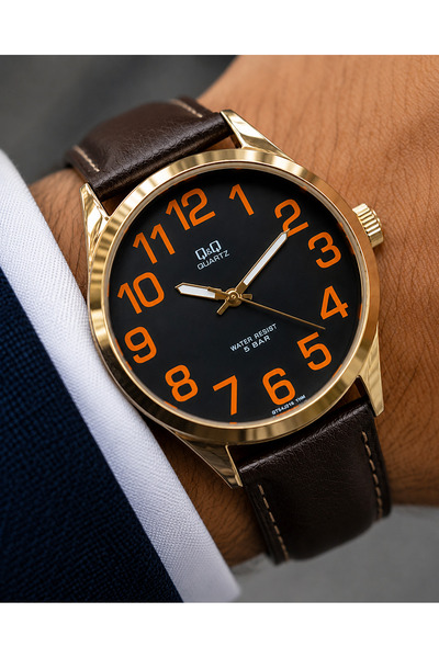 Q&Q Men's Wristwatch with Leather Strap, Casual & Classic, Gift Boxed