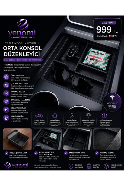 Tesla Model Y Uyumlu Orta Konsol Düzenleyici – Araç İçi Organizer