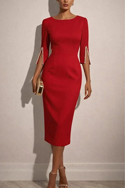 USLUCAN ALIŞVERİŞ Women's Short Slit Sleeves Pearl Detailed Round Neck Midi I...
