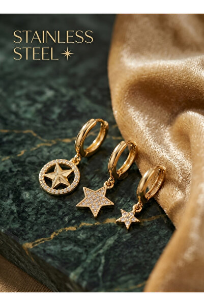 stainless steell Brass Gold Zircon Stone Star Model Gold Color 3-Piece Earrin...