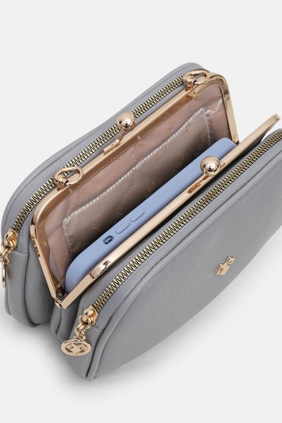 Maslan Bags Women's Gray Clip-On 4-Compartment Lined Soft Leather Hand, Shoulder and Crossbody Bag