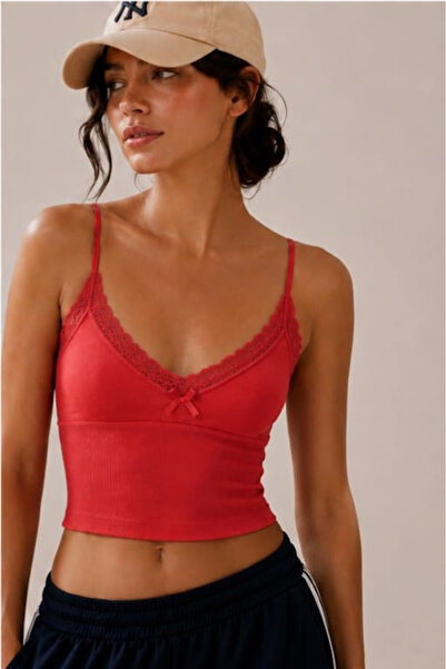 Urban Outfitters Soft Textured Lace Detailed Strappy Crop Bustier - Pomegrana...