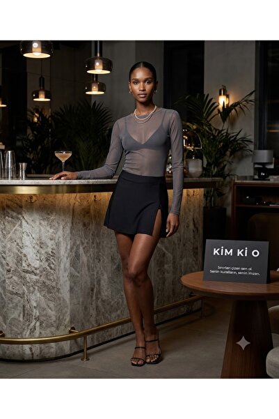 KİM Kİ O Women's Anthracite Transparent Mesh Long Sleeve Crew Neck Blouse