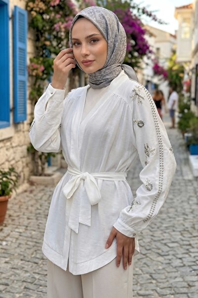 TOFİSA Pullu Kemerli Kimono Beyaz - 28541-BEYAZ