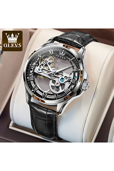Choice1 ساعة رجالية أوتوماتيكية فضية سوداء - HPBH OLEVS 6661 بتصميم مجوف بالك...