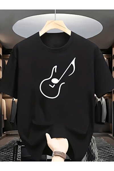NOURAM Music-Themed T-Shirt with Guitar & Note - Casual Round Neck Short Slee...