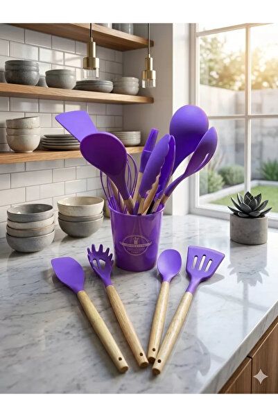 OSKA GLOBAL 12 Piece Silicone Kitchen Utensil Set with Bamboo Handles - Purpl...