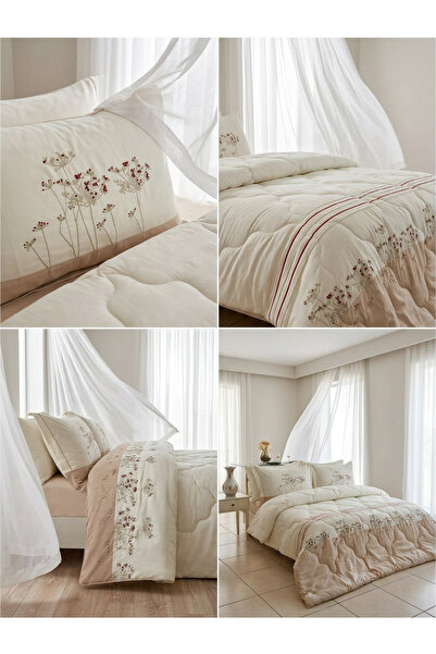 BAŞ TASARIM Puff Flower Embroidered Two-Tone Double Duvet Cover Set