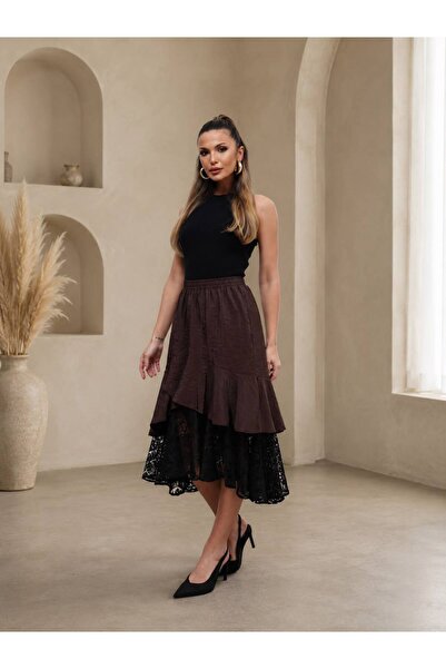 Selence Women's Asymmetrical Guipure Detail Design Stylish Skirt Brown