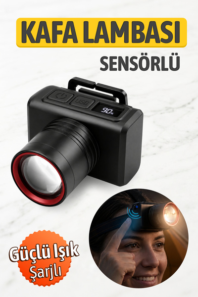 Badem10 Sensörlü Kafa Lambası Güçlü LED Işıklı Type C Şarjlı Profesyonel Suya...