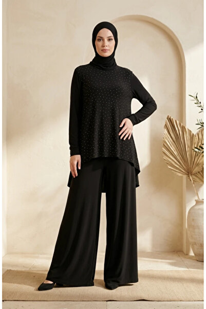 sefamerve Sandy Fabric Blouse Pants Hijab Double Set 5632-04 Black