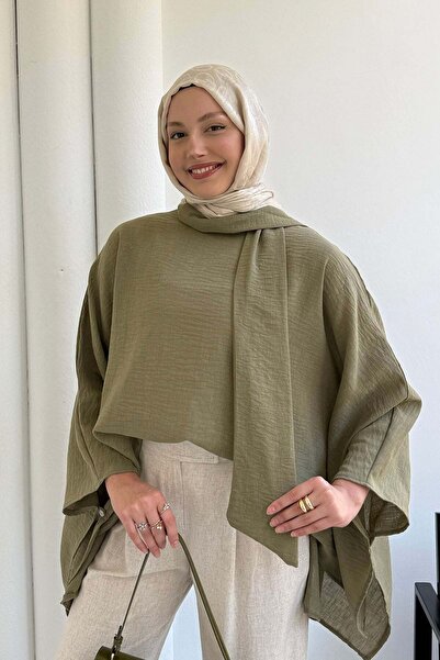 Modaensarbutik Asimetrik Yarasa Kol Bağlamalı Panço Bluz-HAKİ YEŞİL