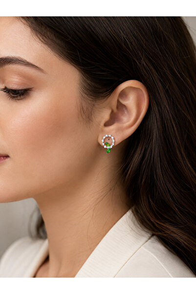 Miore takı Women's Earrings with Zircon Stones and Green Leaf Detail