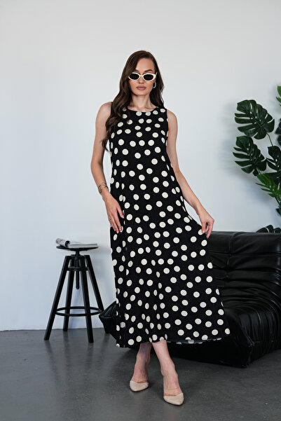 NAVY Zero-Sleeve Polka Dot Patterned Dress with Zipper Closure Pocket