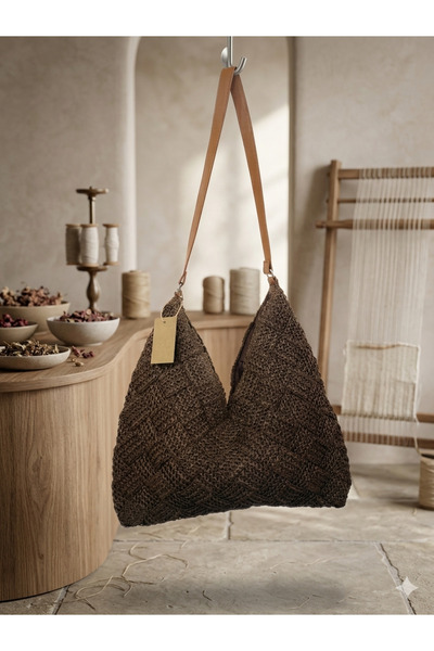 Mai Handmade EL ÖRGÜSÜ HASIR GÖRÜNÜMLÜ DERİ DETAYLI ÇANTA - ŞIK VE ZARİF TASARIM