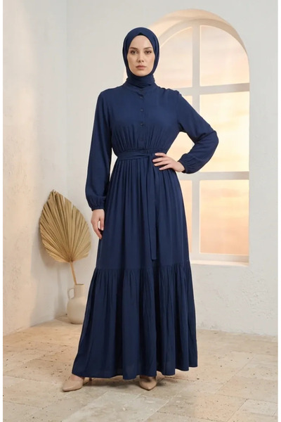 sefamerve Hakim Collar Elastic Waist Hijab Dress 0326-01 Navy Blue