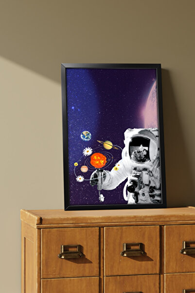 Erfa Concept Tek Parça Siyah Ahşap Çerçeve Görünümlü Uzayda Astronot Modern D...