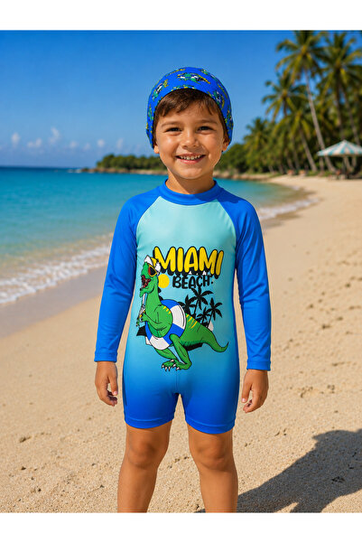 ues Dinosaur Patterned Boy's Long Sleeve Swimsuit and Cap Set