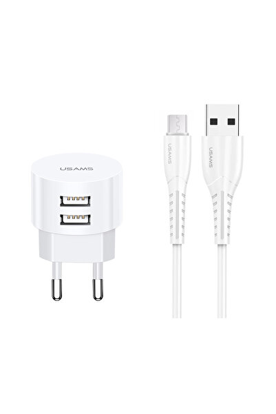 Usams φορτιστής τοίχου T20 & καλώδιο Micro USB, 2x USB, 2.1A, λευκός