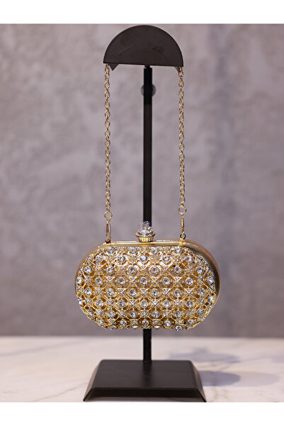 EVASAMLİSHOESBAG Altın Renk Taşlı Detaylı Clutch Çanta