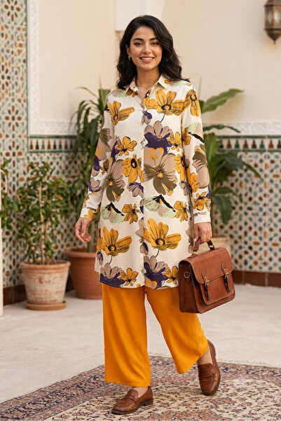 Polologin Butik قميص نسائي منقوش بنقشة زهور الخردل والكاكي