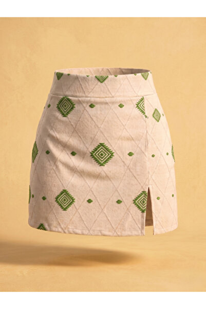 SLAW REZZ Women's Cream Ethnic Embroidered Linen Zipper Mini Shorts Skirt wit...