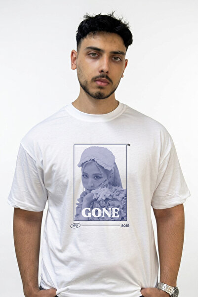 Anetos Rose Gone Design Printed Oversize White T-Shirt