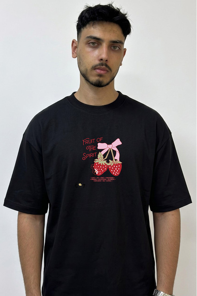 Anetos Fruit of Spirit Design Printed Oversize Black T-Shirt