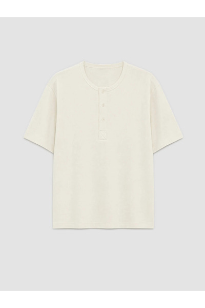 LC Waikiki Ecru Henley Collar Men's Combed Cotton T-Shirt