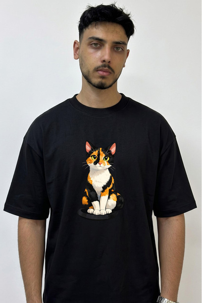 Anetos Calico Cat Design Printed Oversize Black T-Shirt