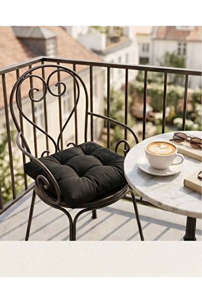 Auriva HOME 2’li Siyah Pofidik Sandalye Minderi, Bağcıklı 40x40