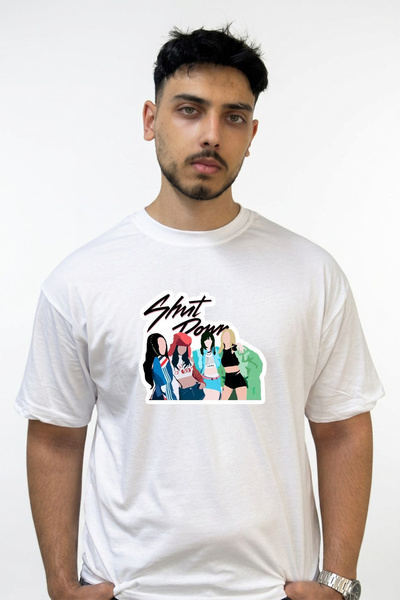 Anetos Blackpink Shut down Design Printed Oversize White T-Shirt