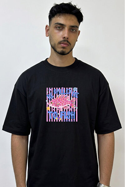 Anetos Pink Leopard Fish Design Printed Oversize Black T-Shirt