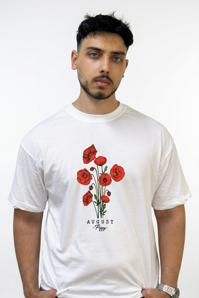 Anetos Red Poppy Design Printed Oversize White T-Shirt