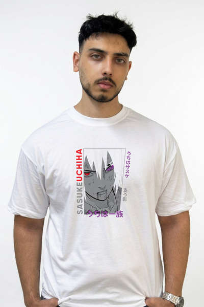 Anetos Sasuke Uchiha Design Printed Oversize White T-Shirt