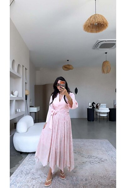 Buket Teke Pembe Flok Baskılı Beli Lastikli Etek